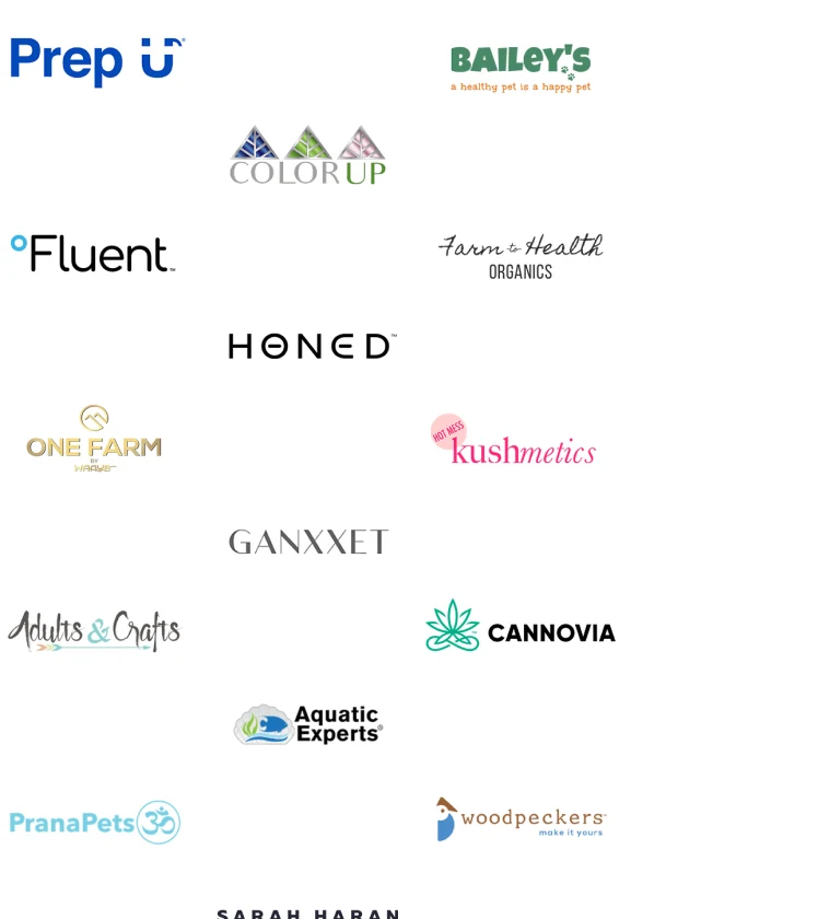 Client logos: Prep U, Bailey's, Color Up, Fluent, Farm & Health, Honed, One Farm, Kushmetics, Ganxxet, Adults & Crafts, Cannovia, Aquatic Experts, Prana Pets, Woodpeckers, Sarah Haran